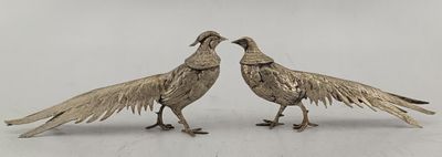 Couple de faisans affrontés en métal argenté - Photo 1