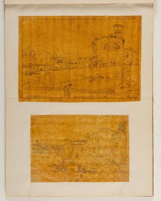 two framed maps of the city of boston and a view of the city from across the river