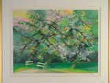 a painting of a tree in a park with a bench
