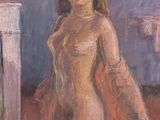 an oil painting of a woman standing in a room with a fireplace