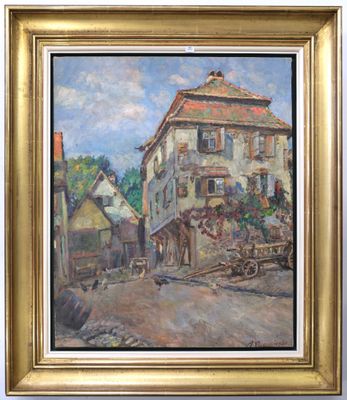 an oil painting of a street scene with a horse drawn carriage