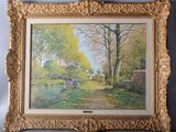 an image of a painting of a landscape with trees and a bench