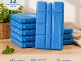 pack of 12 blue ice packs sitting on top of a wooden table