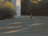 a painting of a clock tower in the middle of a park