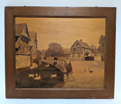 an image of a painting of a farm scene with chickens and ducks