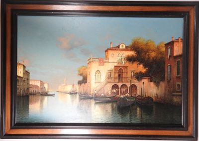 peinture à l'huile encadrée représentant une scène de canal avec un bateau sur l'eau