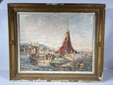 l'image d'une peinture représentant un voilier sur un plan d'eau