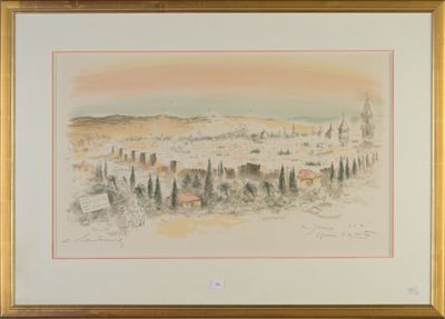 painting of a view of a town with a church in the distance