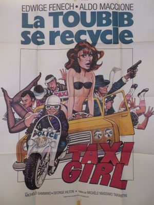 l'affiche du film « Taxi Girl », mettant en scène une femme en bikini et un homme à moto