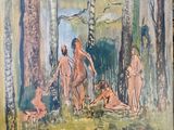 un tableau représentant un groupe de nus dans les bois