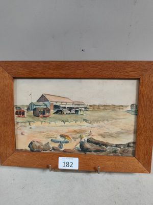 une peinture à l'huile représentant une scène de ferme avec une grange en arrière-plan
