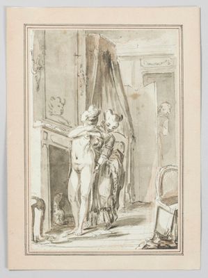 dessin représentant un homme et une femme dans une pièce avec une cheminée