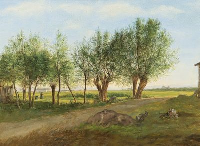 un tableau représentant une scène de vie à la ferme avec des vaches dans un champ