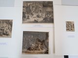 four pictures of people in a room with pictures on the wall