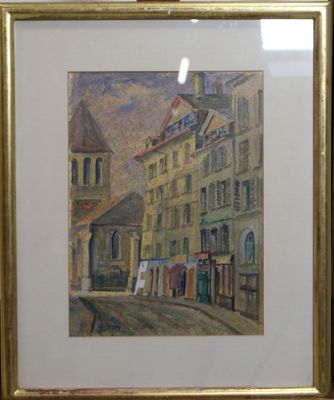 tableau encadré représentant une scène de rue avec des bâtiments et une tour horloge