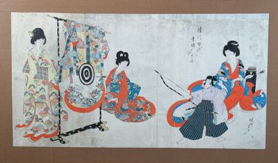 a picture of a painting of two women with umbrellas