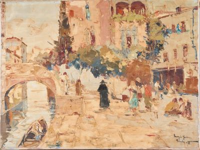 an image of a painting of a street scene with people walking