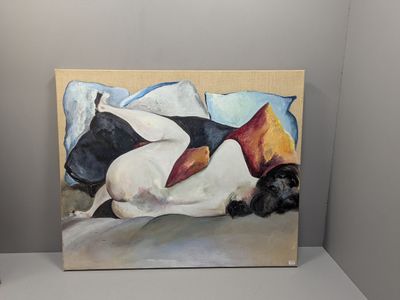 un tableau représentant deux chiens endormis sur un lit