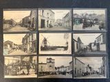 several old black and white photographs of a town street