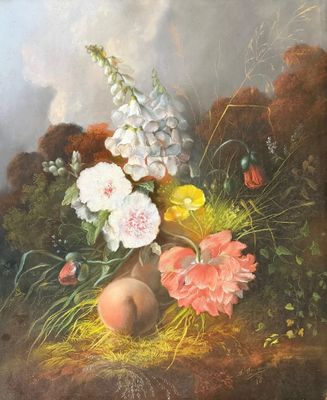 painting of a still life of flowers and fruit in a vase