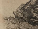 an old drawing of a woman sitting on a pillow with her hands on her knees