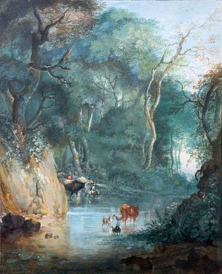 painting of a river scene with cattle in a wooded area