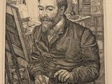 drawing of a man with a beard sitting in front of a painting easel