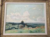 une peinture à l'huile représentant un paysage avec des moutons paissant dans un champ
