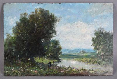 peinture d'un paysage avec une rivière et des arbres au premier plan