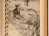 un livre ouvert sur lequel figure le dessin d'une femme assise dans un champ