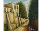 an oil painting of two children walking down a street with a dog