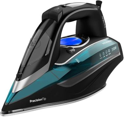 a black and blue steam iron sitting on top of a white surface