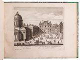 an old book with a drawing of a building in the middle of it