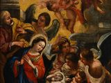 une image représentant un tableau où l'on voit un groupe de personnes entourant un bébé dans une crèche