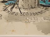 a drawing of a beach scene with a chair and a table