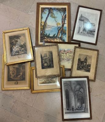 Ensemble de 8 gravures cpt : "Rouen Gros Horloge", "intérieu…