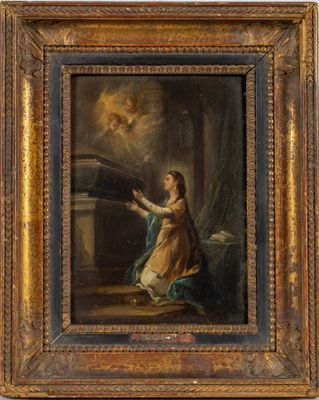 un tableau représentant une femme agenouillée devant un piano