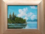 an oil painting of a lake with trees and clouds in the background