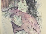 a drawing of a woman laying in bed with a pillow