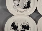 three white plates with black drawings of a man and a woman sitting at a table