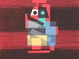 an image of a painting of a robot with a red background