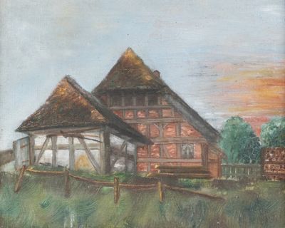 a painting of a farm with a barn in the background
