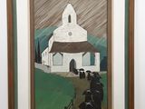 framed painting of a church with cows in front of it