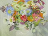 une peinture représentant un vase de fleurs sur une table