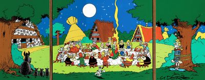 trois cases d'une bande dessinée représentant un groupe de personnes dans une forêt