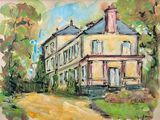 tableau représentant une grande maison jaune avec un clocher sur le toit
