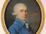 portrait of a man in a blue coat and white hair in a gold frame