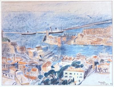 painting of a view of a city with a bridge over a river