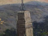 an oil painting of a cross on top of a hill with a mountain in the background