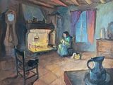 un tableau représentant une femme assise devant une cheminée